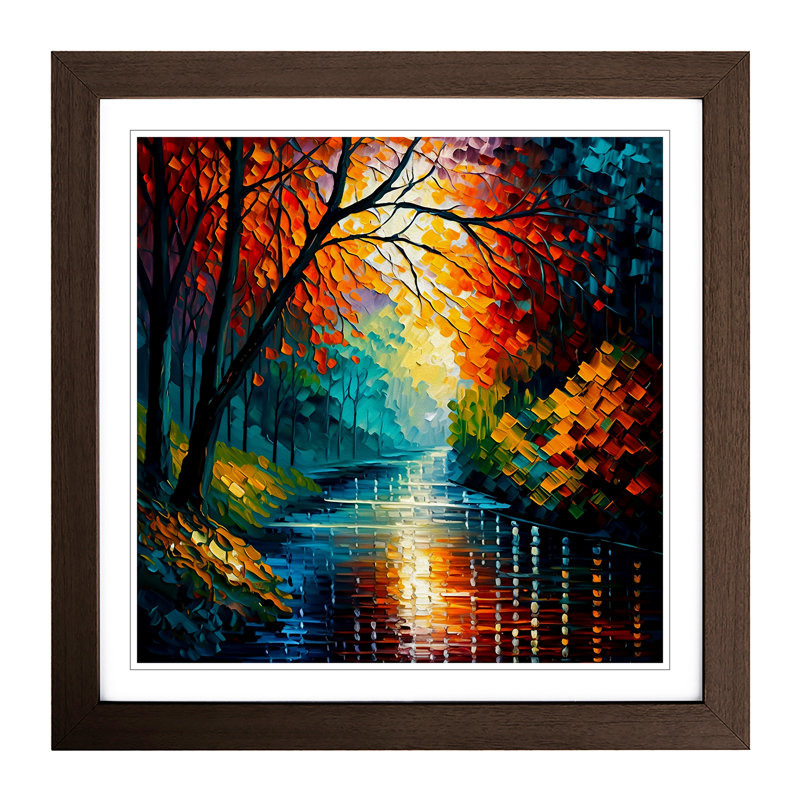 River Palette Knife Painting - Single Picture Frame Print on Wood, Walnut