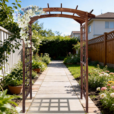 Treillis de jardin en bois robuste - Pergola arquée de 85 pouces pour plantes grimpantes, allée extérieure, patio, pelouse et cour arrière, bois de sapin durable - finition brûlée au carbone, arquée