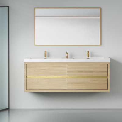 Meuble-lavabo mural de 60 pouces avec comptoir en pierre reconstituée et 2 lavabos, armoire en chêne naturel, 4 tiroirs