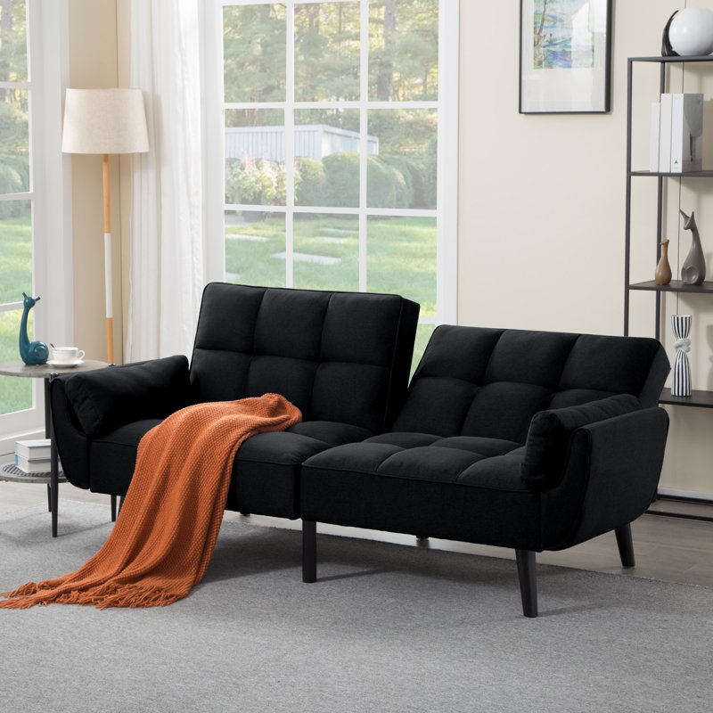 Canapé-lit de futon convertible noir de 75,2 po, accoudoirs évasés à dossier divisé capitonné en lin à 3 positions réglables, canapé-lit pour la maison / le bureau / la chambre d'amis