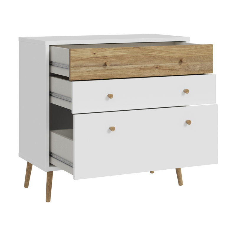 Mid-Century-Modern chest of drawers, EasyKlix by Forte quick assembly system, 3 drawers, tall feet, engineered wood, 89.8 cm W x 86.5 cm H x 41.5 cm D