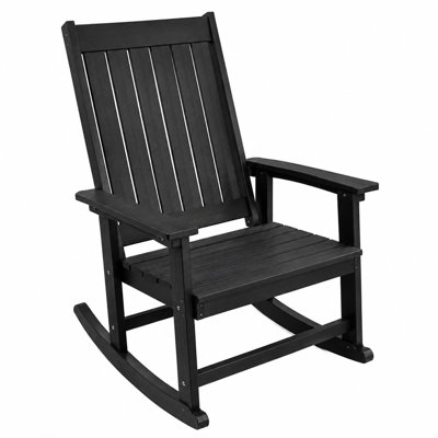 Fauteuil à bascule ergonomique extérieur, en PEHD résistant aux intempéries, pour terrasse ou porche, avec dossier et accoudoirs à lattes hautes, noir.