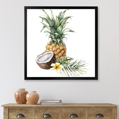 Ananas avec noix de coco, plumeria et feuilles de palmier - peinture sur toile à cadre flottant