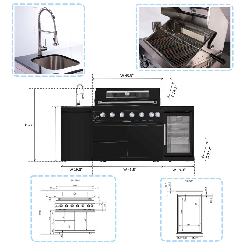 Îlot de cuisine de 43 pouces à 6 brûleurs et 85 000 BTU de cuisine au gaz en acier inoxydable pour barbecue et îlot de cuisine + réfrigérateur à vin compact + ensemble de rôtisserie + comptoirs en granite + évier en acier inoxydable
