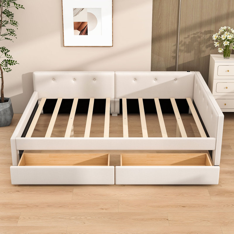Lit de jour rembourré Zharia avec USB et tiroirs de rangement, Double