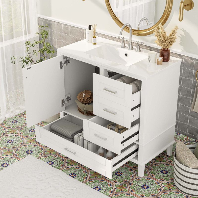 Meuble-lavabo 36 po avec porte à fermeture douce et tiroirs, Blanc, Blanc