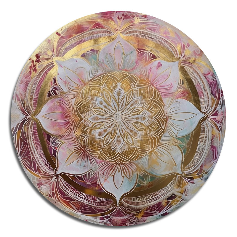 Mandala doré rose II - art géométrique rond en métal, H 23 po x l 23 po 