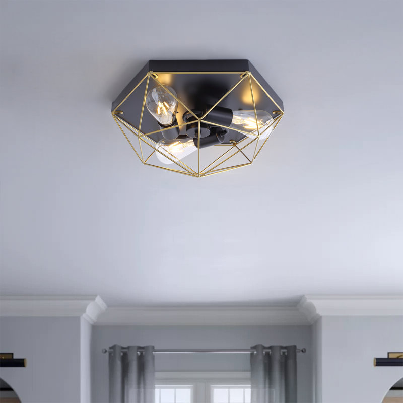 3-Light Black Finish Industrial Semi-Flush Mount Light