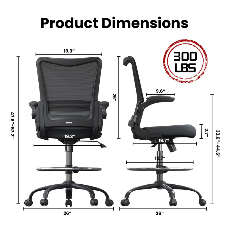Adjustable Drafting Chair for Standing Desk, Tall Mesh Office Chair with Foot Ring, Flip-Up Armrests, Adjustable Lumbar Support, 120° Recline, Heavy-Duty 300 lb