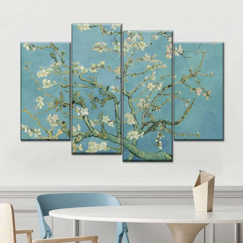 Ensemble de 4 fleurs d'amandier sur toile, H 22 po x l 36 po x P 1 po