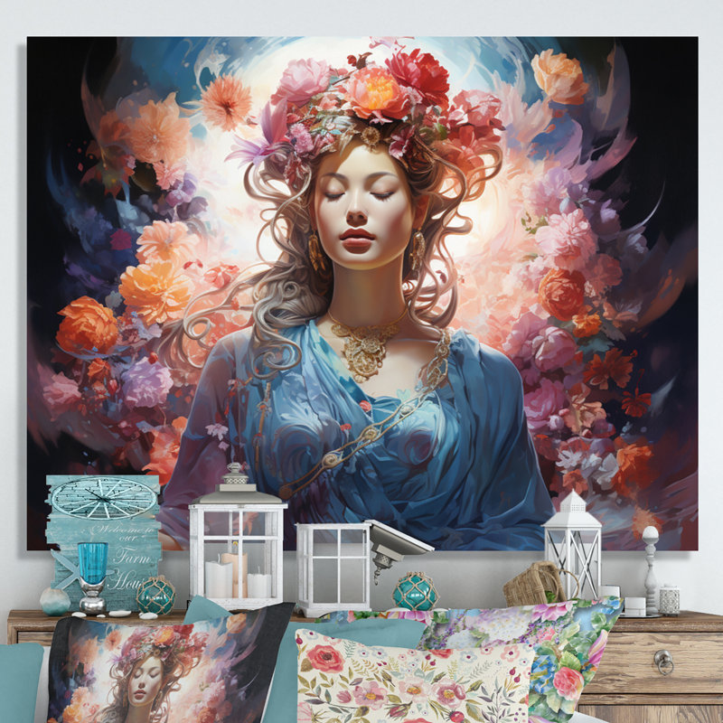 Art bouddhiste rose sarcelle Bodhisattvas Halo, reproduction d'art sur toile, 30" H x 40" W, Toile tendue
