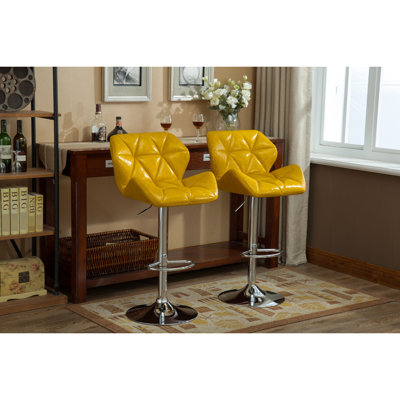 Contemporary Yellow Bar Stools Of 2 - Diamond- Adjustable Height Hydraulic With Pu Leather Seat & Foot Rest 2 In And