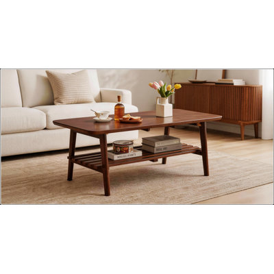 Table basse de style Mid-Century en bois avec tablette de rangement, pieds pliables à une touche pour un rangement facile et une utilisation efficace de l'espace