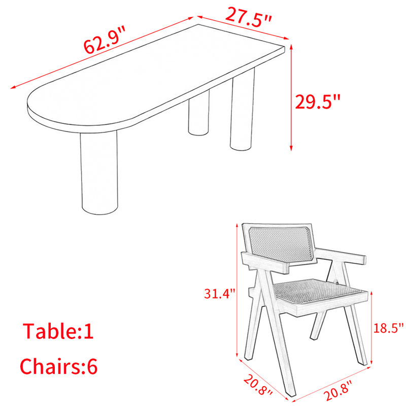 Ensemble de table à manger en bois massif de style français, H 29,5 po x L 62,9 po x l 27,5 po, 7