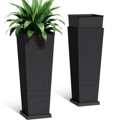 24/32 in. Imitation-Wicker Plastic Tall Planter Pot with Drainage Hole & Tray