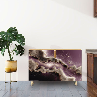 Sideboard Buffet Cabinet with Storage Dark gold purple burgundy abstract alcohol ink marble shining with 2 Doors for Living Room and Kitchen