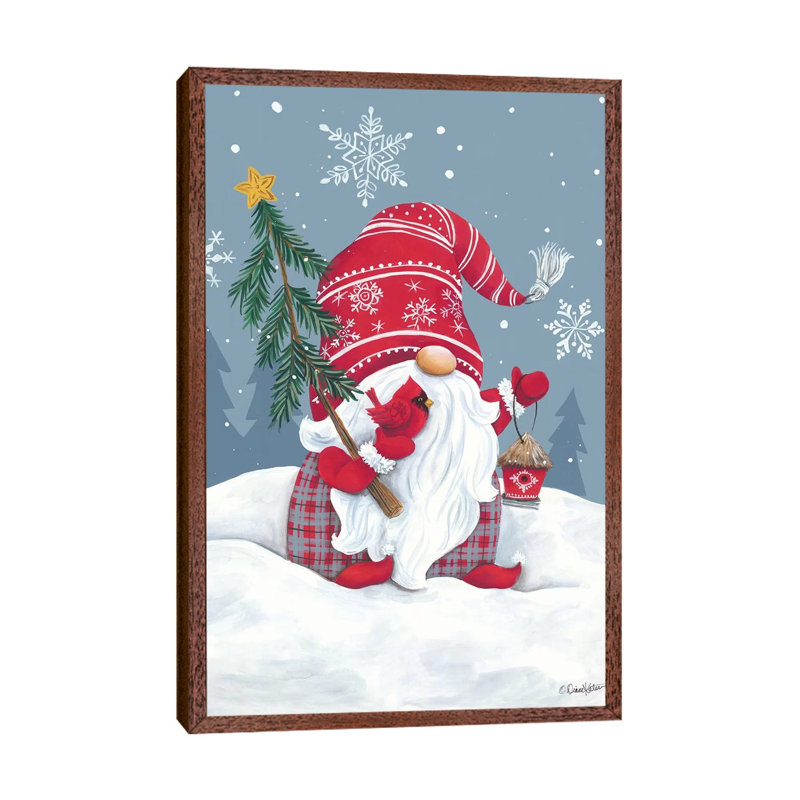 Snowy Gnome With Cardinal by Diane Kater - Print on Canvas, Classic Brown Wood Framed, 101.6 cm H x 66.04 cm W