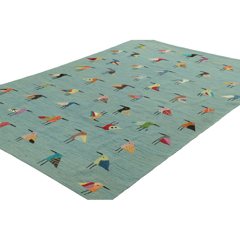 Rug & Kilim’S Suzani Kilim In Sky Blue With Polychromatic Bird Pictorials, Rectangle 10' x 14'