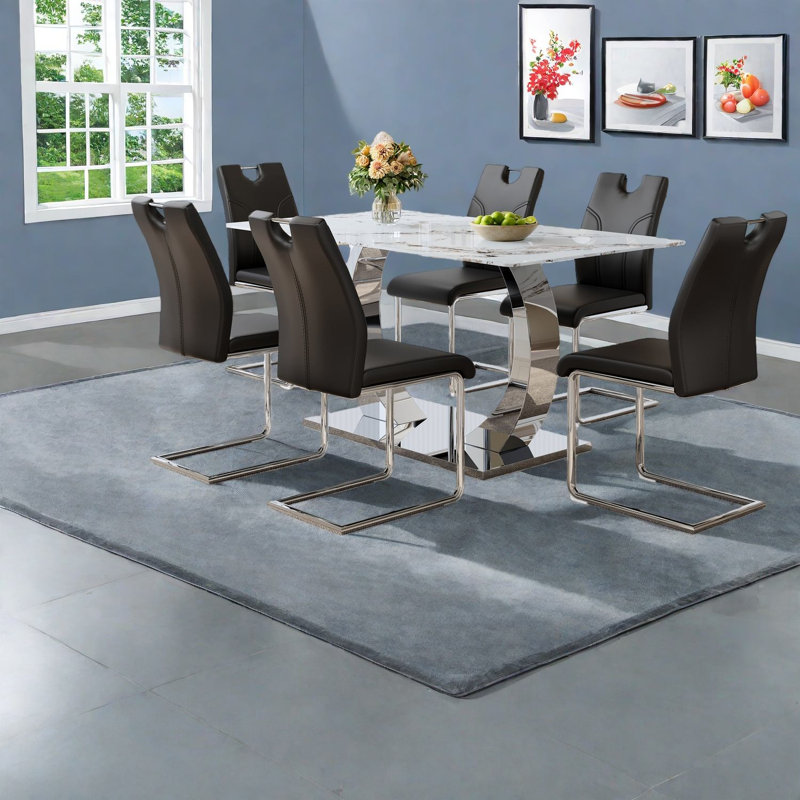 Ensemble de table de salle à manger moderne en acier inoxydable avec base transformable