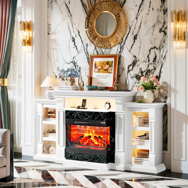 Foyer électrique 72 po avec manteau de cheminée et armoires, meuble télé avec foyer pour téléviseur de 80 po ou moins, lumière DEL et prise de courant, radiateur à 3 flammes réaliste pour la chambre à coucher, blanc