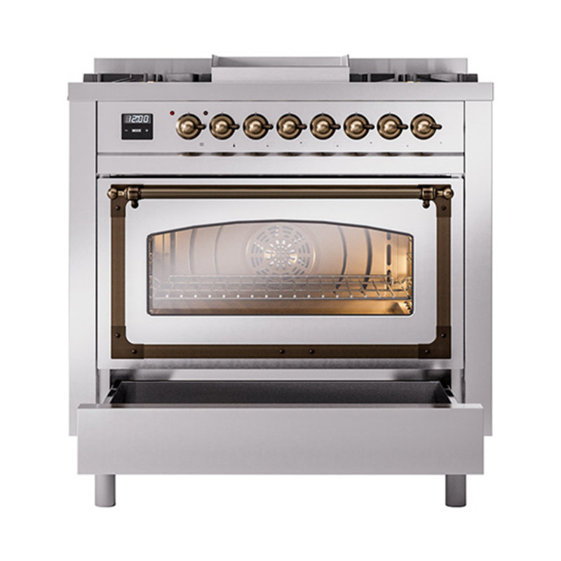 ILVE Nostalgie II Noblesse 36 in Dual Fuel Range, Stainless Steel/Bronze, Liquid Propane