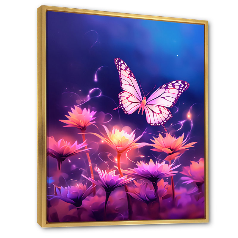 Magnifique coucher de soleil papillon rose I, H 20 po x l 12 po, Cadre flottant doré