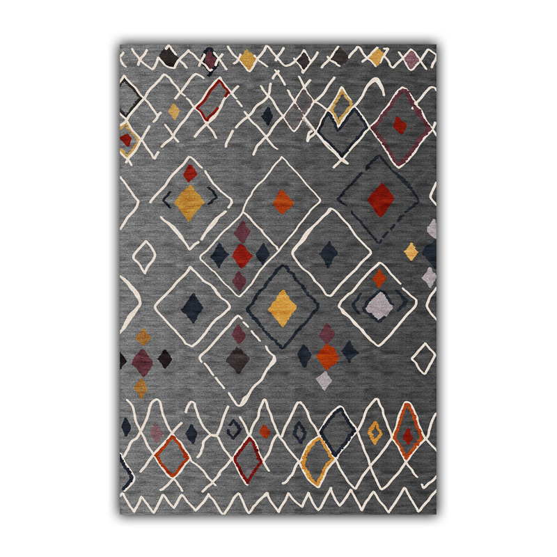Gray Geometric Patterned Multi-Colored Woven Base Rug, Rectangle 4'7.12" x 6'6.74"