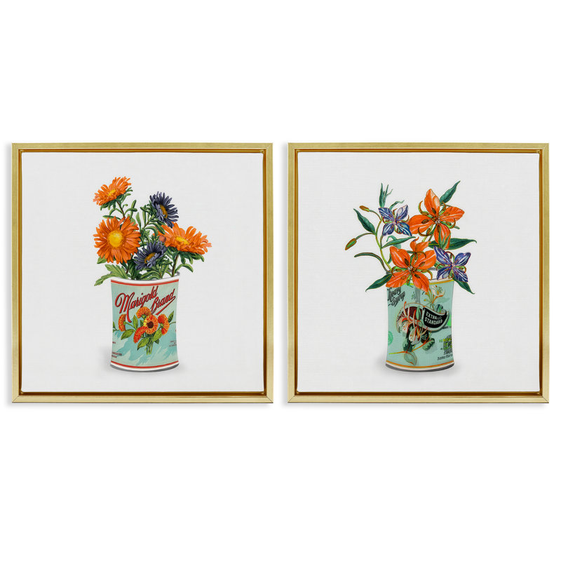 Ensemble de 2 cadres flottants Nostalgic Marigold & Lily Bouquets, design par Val Rhodes, 25 x 25