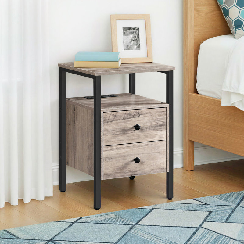 Pake 2 - Drawer 23.6" Tall Iron Nightstand with Storage and Built-In Outlets, Rustic Brown/Black, Individual