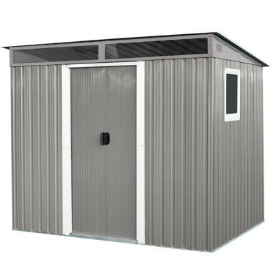 Outdoor Metal Storage Room 8X6 Ft With Sliding Door & -Proof Feature - For Lawn  Gray 8 X 6 Unit Inclined Slope Roof Hooks Practical