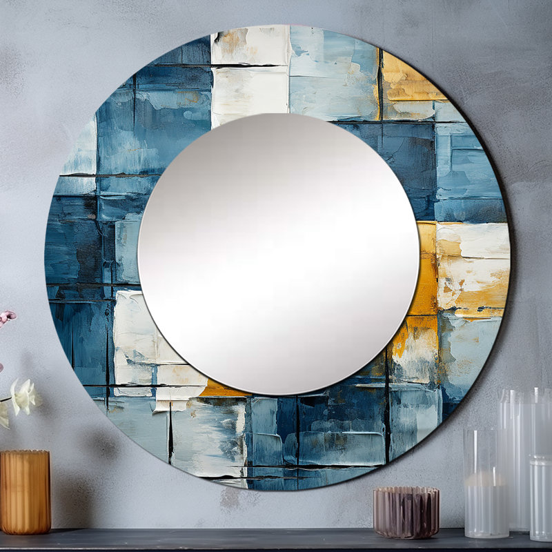 Cerulean Cubism Shapes I - grand miroir à formes abstraites, miroir mural rond bleu, impression sur métal, 23 po x 23 po
