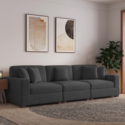 Milbrey 3 - Piece Upholstered Gray Corduroy Modular Sectional Sofa with Pillow Back and Solid Wood Legs
