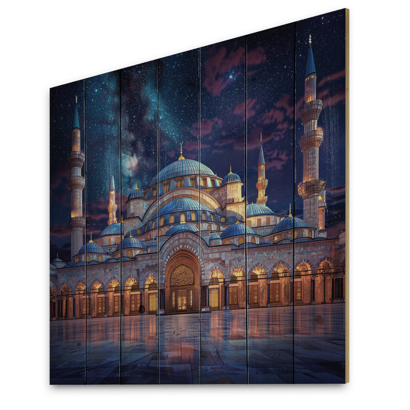 «Ottoman Mosques At Night I», décoration murale en bois de l'Islam sur bois de pin naturel, H 30 po x l 30 po