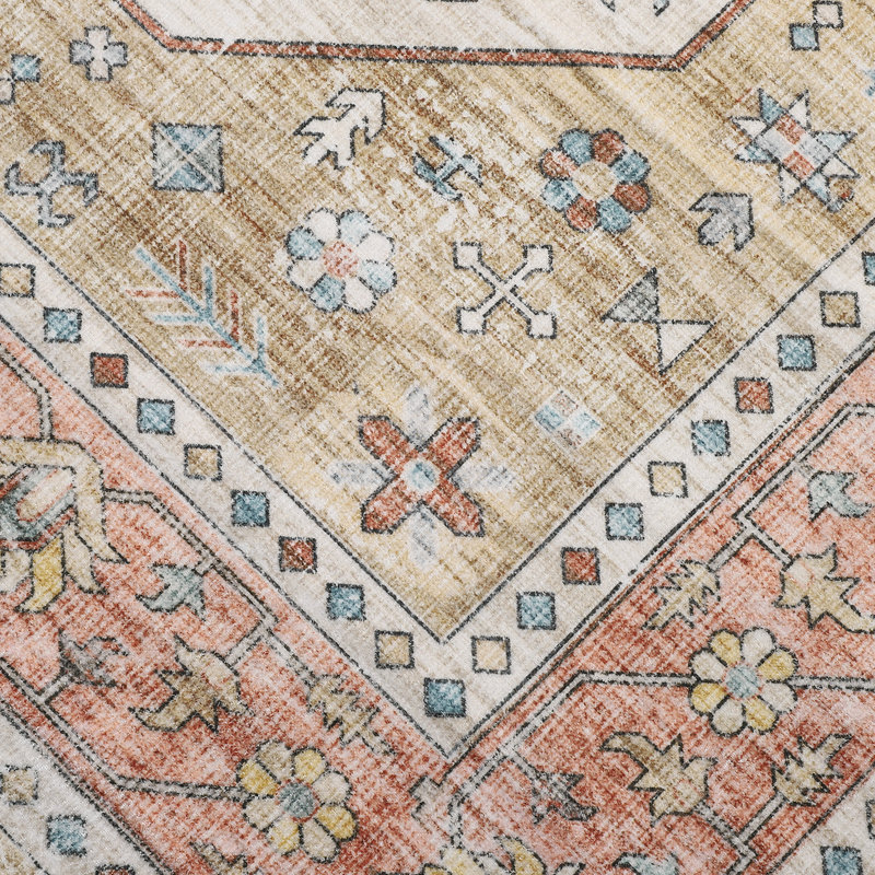 Washable Boho Floral Large Area Rug. Vintage Lattice Printed Low Pile Non Slip Foldable Indoor Carpet. Light Brown. 9'x12'
