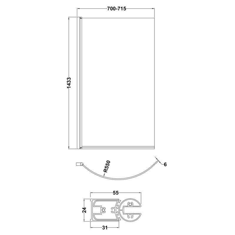Pacific 715mm W x 1433mm H Semi-Frameless Tub Door with Clear Glass