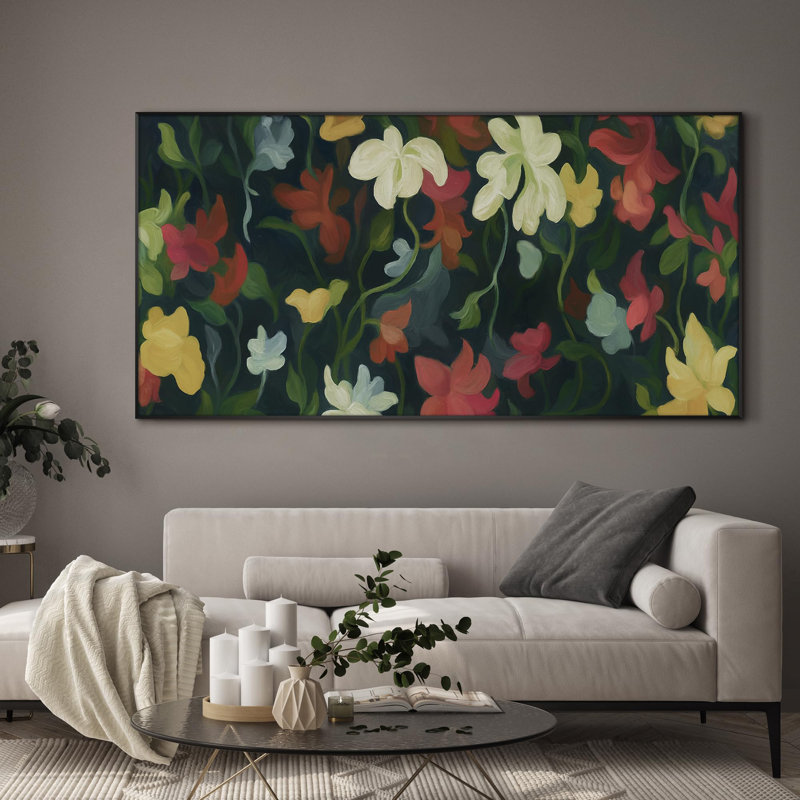 Très grand art mural imprimé sur tissu - Motif floral abstrait coloré, décoration pour le salon ou la chambre à coucher - «Assemblage requis du cadre (cadre non fini)»