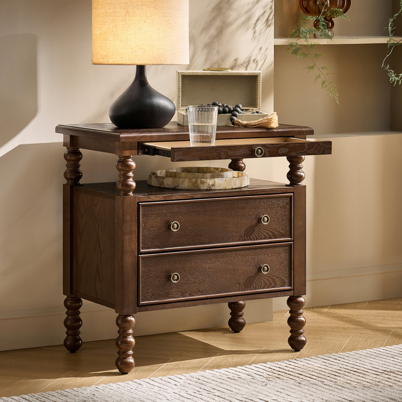 Aristidh Traditional 26"W 2-Drawer End Table with Charging Station and Pull-Out Shelf and Easy Assembly, Walnut