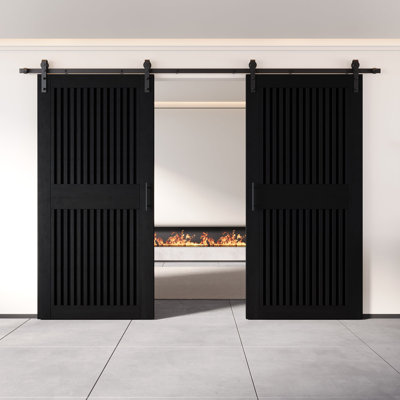Homacer Black Double 30in x 84in Unassembled & Finished Diamond Design Barn Doors with Non-Bypass Installation Hardware Kit, 11ft track, interior use only