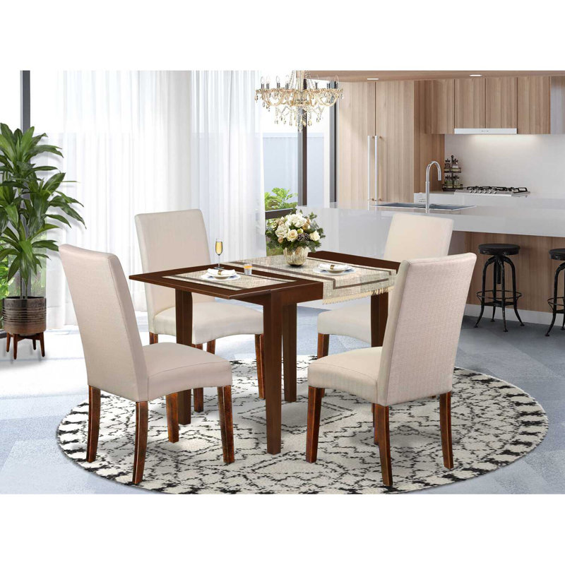 5 Piece Kitchen Table & Chairs Set Includes a Rectangle Dining Room Table with Dropleaf and 4 Cream Linen Fabric Parsons Chairs, Mahogany