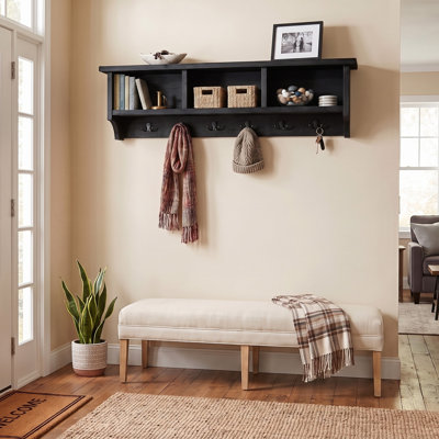 Pomona 48” Wall-Mounted Coat Rack with Hooks & Storage Cubbies, Rustic Black