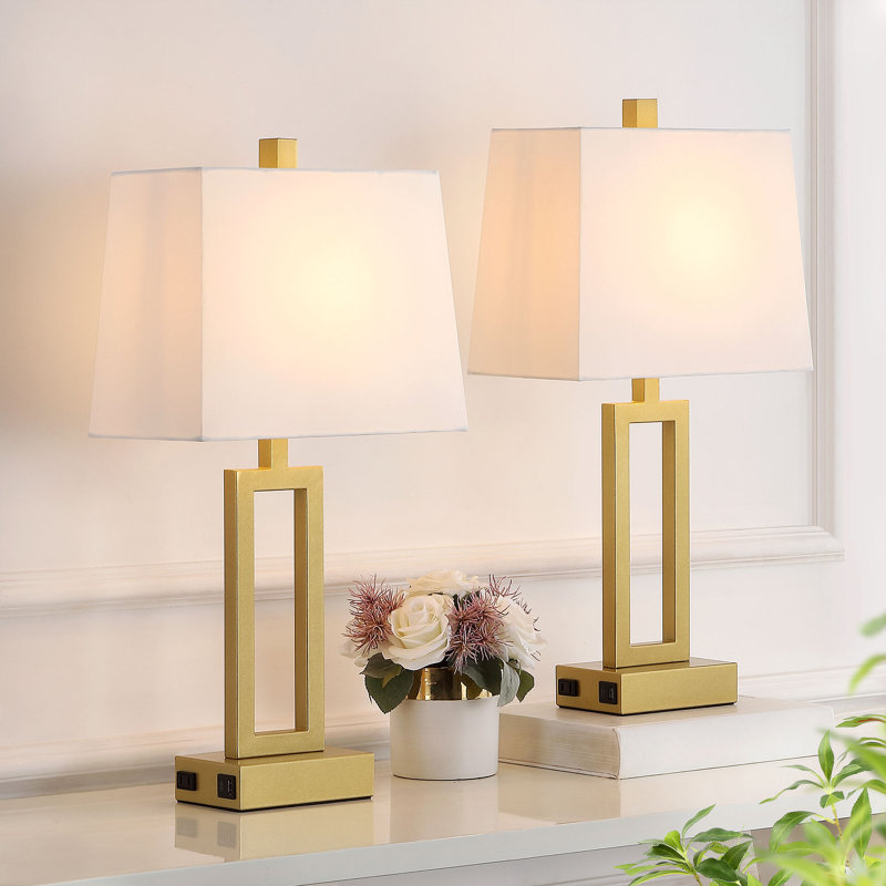Permelia 23.5" Metal Table Lamp Set with USB, Type-C Ports and Built-in-Oulet, Gold, White