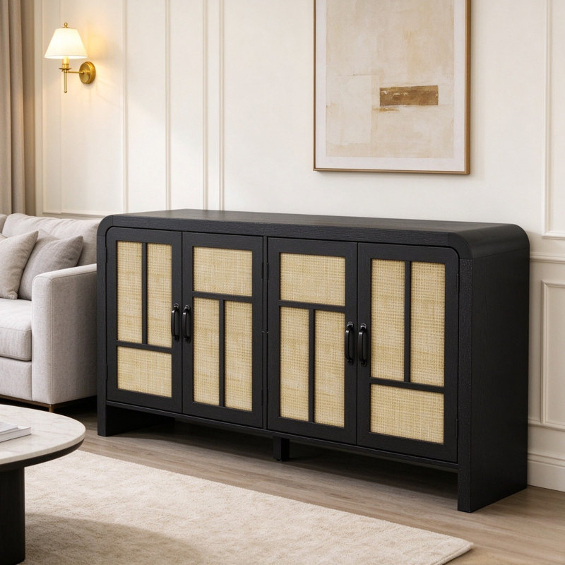 Buffet/meuble de rangement bohème en rotin noir de 150 cm de long avec 4 portes