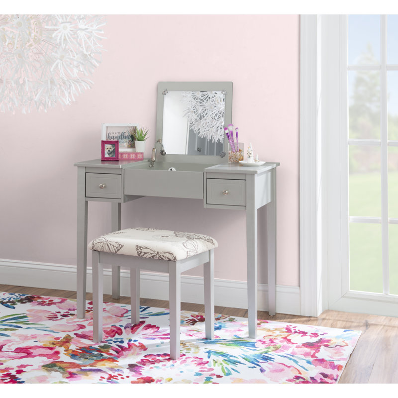 Fidelmar 36" 2-Drawer Flip Top Mirror Vanity with Butterfly Print Stool, Silver