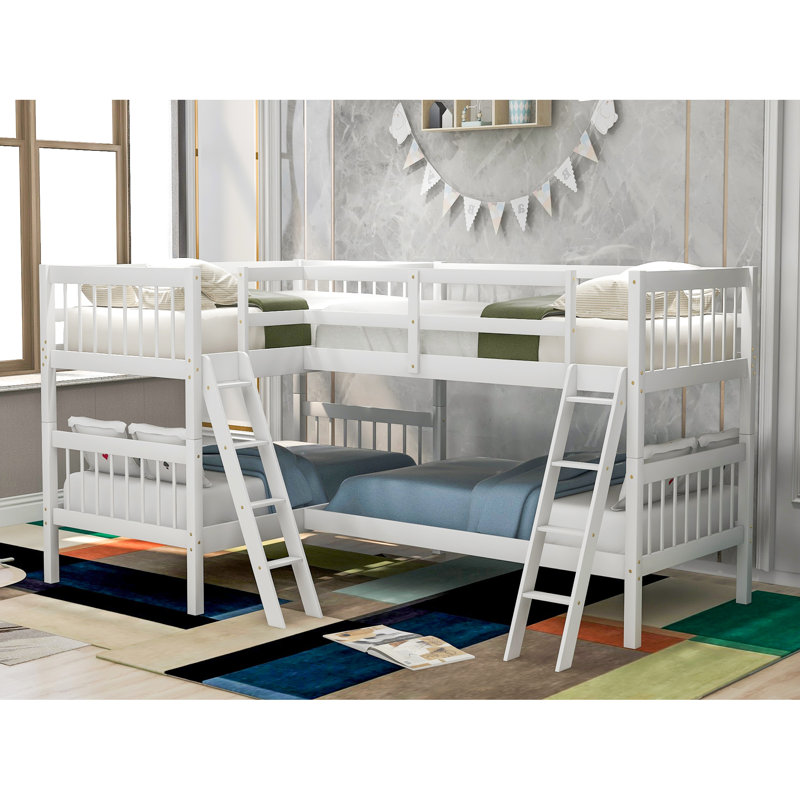 Lit simple superposé en forme de L en bois massif blanc pour un look élégant - blanc. Et élégant. Options de disposition polyvalentes. Structure solide. Coffre-fort avec garde-corps. Pas de sommier tapissier. L 118 po x l 80 po x H 60 po. Assemblage requis