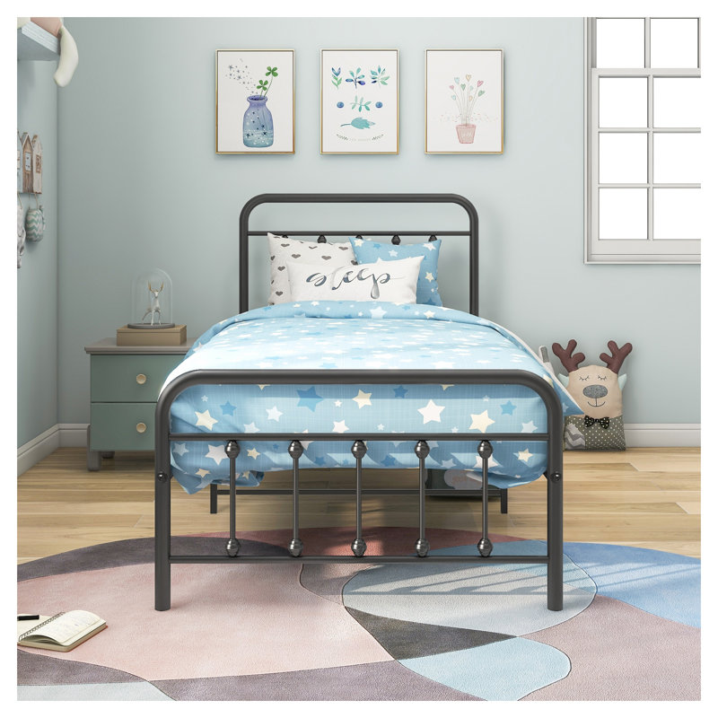 Twin Metal Platform Bed Frame with Victorian Headboard - Sturdy Black Iron Bed with Underbed Storage & No Box Spring Needed