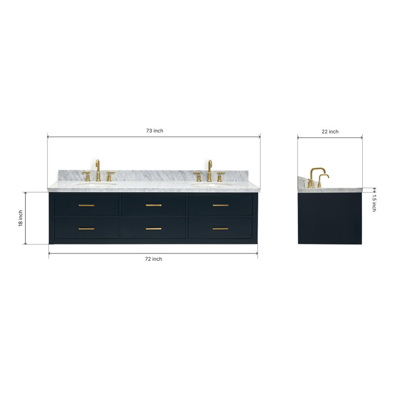 73'' W Double Vanity, Midnight Blue, Satin Brass, Italian Carrara Marble