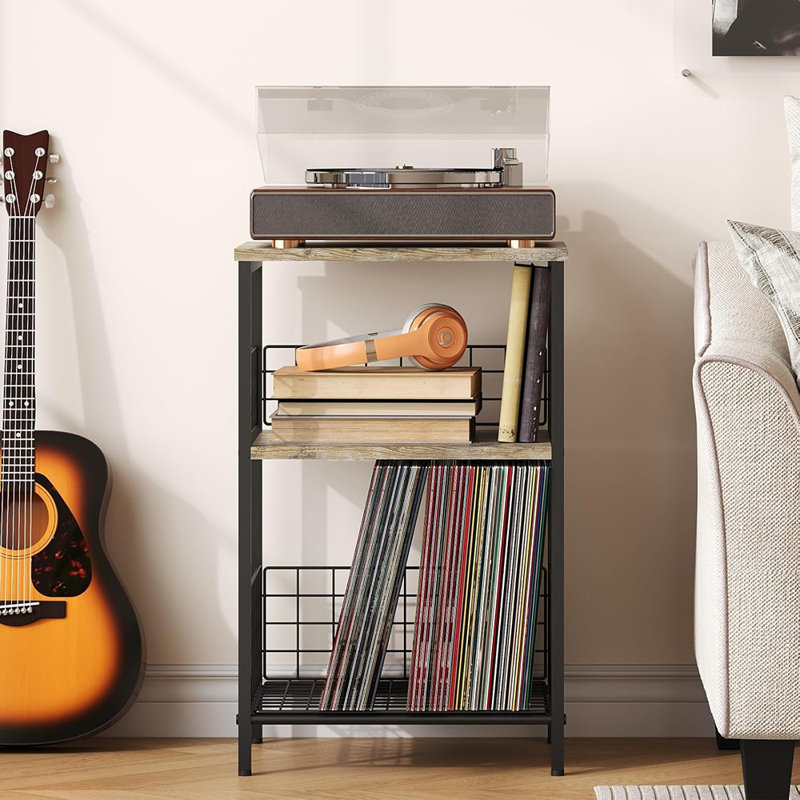 Table d'appoint, petit support de tourne-disque avec rangement, table de chevet en vinyle pour le salon, la chambre à coucher, le bureau (brevet en instance) (brun et noir)