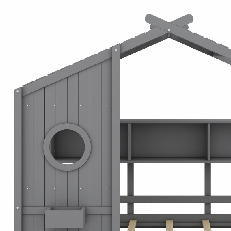Lit sur pied avec tablette de rangement, Gris, Lit simple