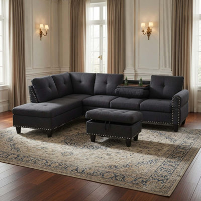 Canapé modulaire en L avec repose-pieds et porte-gobelets en L