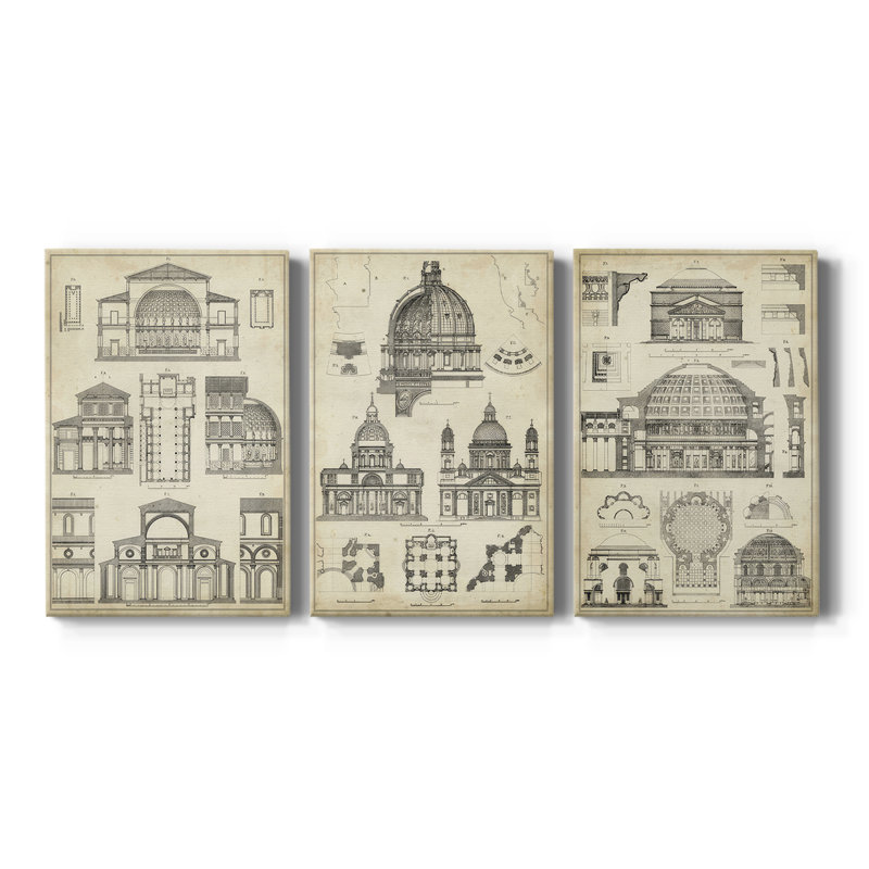 «Vintage Architects Plan I», toile tendue sur mesure - 3 pièces, H 12 po x l 24 po